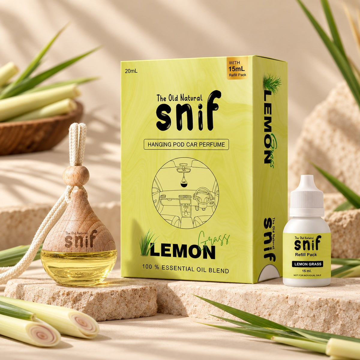 Snif Lemon Grass Hanging Pod Car Perfume 20ml with 15ml Refill | Fresh Car Fragrance